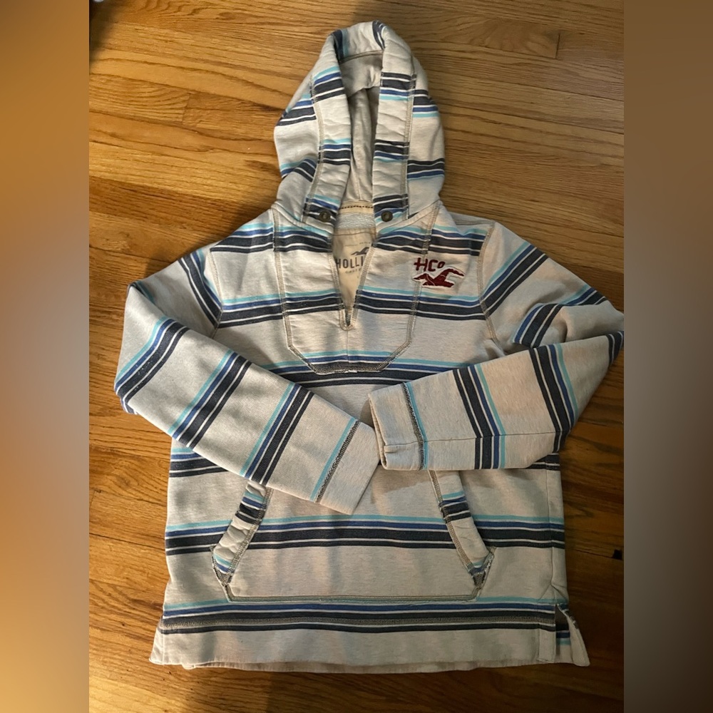 Vintage Hollister Men's Blue Striped Hoodie- Size Medium